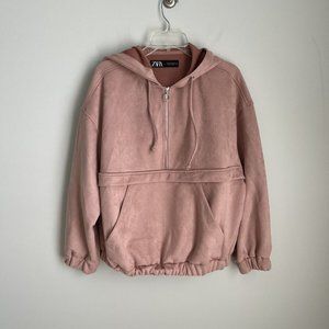 Zara Pink Vegan Suede Half Zip Hooded Jacket with Elastic Waist